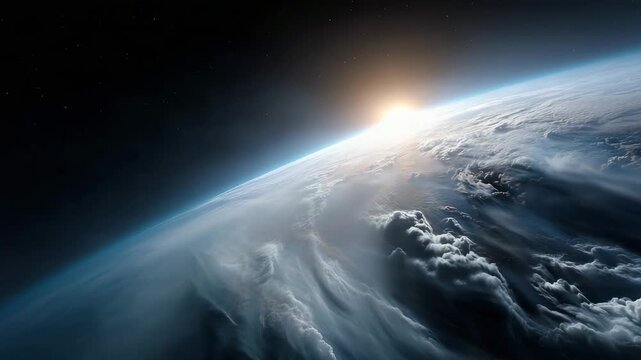 4k stunning view of planet Earth from outer space. The curved horizon of Earth is visible at the bottom of the frame, glowing with a bright blue atmospheric edge. White clouds swirl