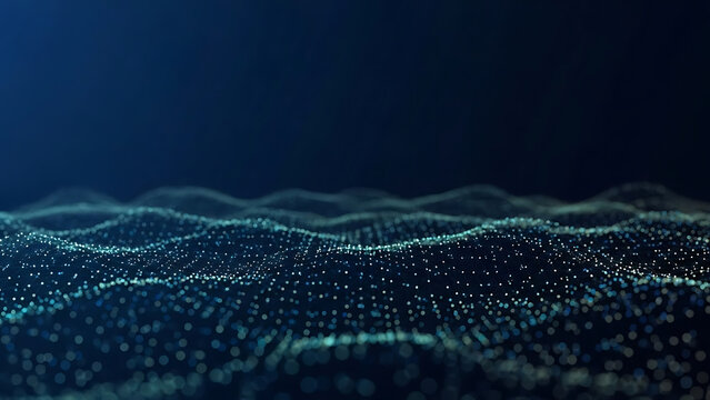 Abstract digital wave pattern of glowing blue particles on a dark background