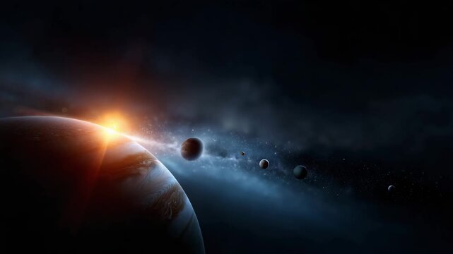 4k The planets of the Solar System aligned in a horizontal row in outer space. On the left the glowing Sun with strong orange light and flares. Next Mercury, Venus