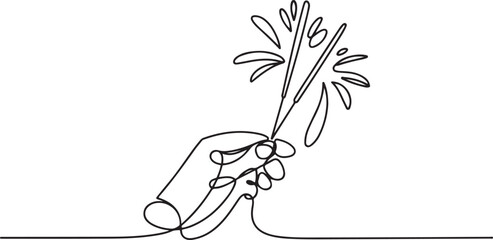 Obraz premium Hand holding fireworks in one continuous line drawing. Party concept. one line Icon drawing
