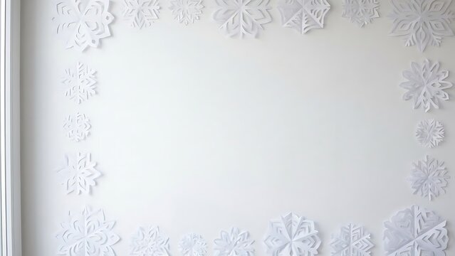 White paper snowflakes decorate a minimalist wall creating a festive winter border