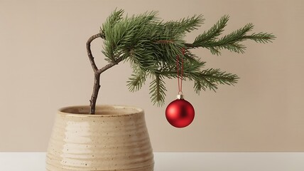 minimal christmas branch decor with single red bauble hanging on small pine twig in ceramic pot, modern holiday still life