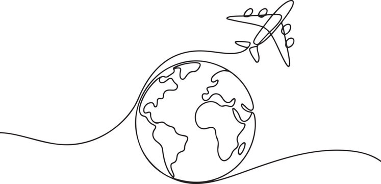 Continuous one line drawing of an airplane flying around the earth. Represents worldwide travel in a simple hand-drawn style. one line Icon drawing