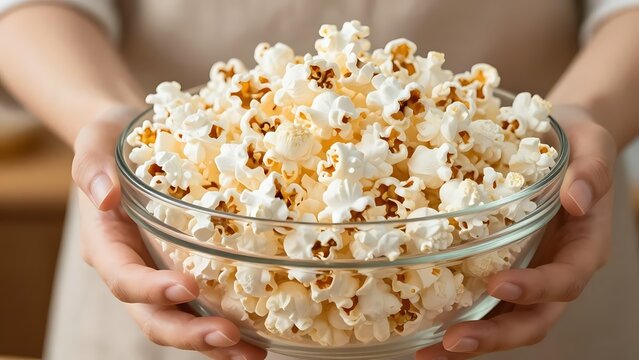Hands holding a glass bowl of fresh popcorn in a cozy home environment is the perfect snack before a movie night