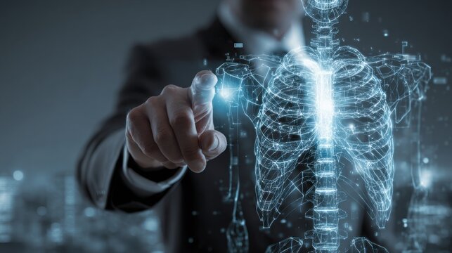 Man touching futuristic digital human anatomy hologram