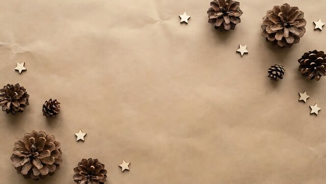 Pinecones and wooden star decorations artfully arranged on a rustic brown paper background