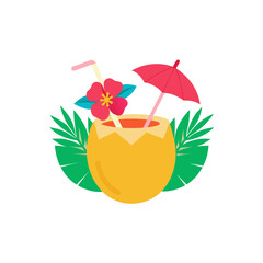 Tropical drink in coconut with flower and umbrella on transparent background