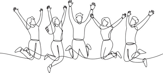 continuous line drawing of a group of friends jumping with joy vector illustration. one line Icon drawing
