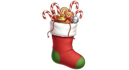 A festive red stocking overflows with classic Christmas treats and toys, ready to delight.
