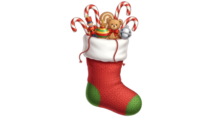 A festive red stocking overflows with classic Christmas treats and toys, ready to delight.