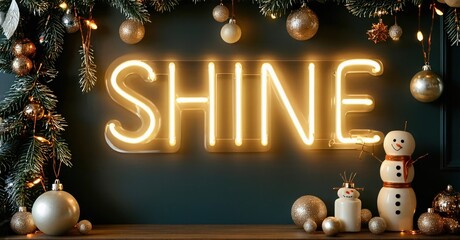 Festive scene. Bright neon sign spells shine. Decorations include snowman, ornaments, garland, warm lights. Cozy winter holiday ambiance.