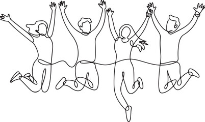 continuous line drawing of a group of friends jumping with joy vector illustration. one line Icon drawing
