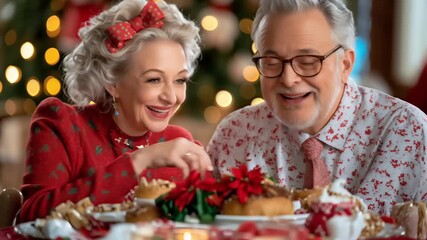 happy elderly couple laughing together at festive christmas table with holiday decorations lights and desserts joyful winter celebration moment