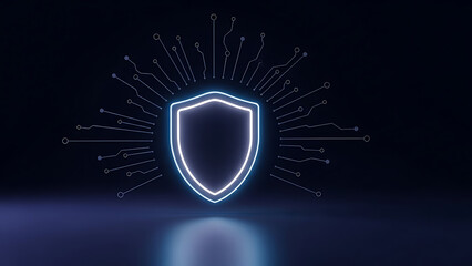 Glowing neon shield symbol representing cybersecurity and digital protection