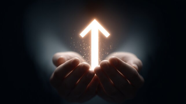 Hands holding glowing upward arrow symbolizing business growth, success concept