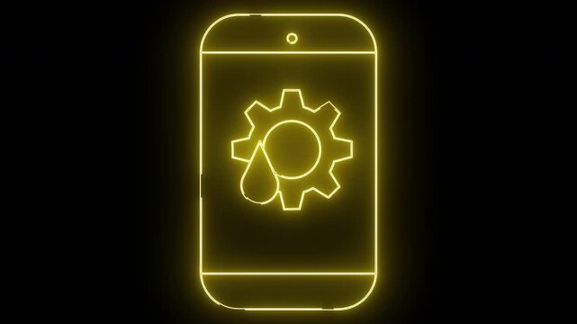 Illuminated mobile phone outline displaying a yellow gear icon with an oil droplet on a black background