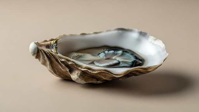 Close up of a single oyster shell with a pearl inside on a neutral background