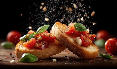 Two pieces of toasted bread topped with diced tomatoes, basil leaves, and seasoning, set against a dark background with falling crumbs.