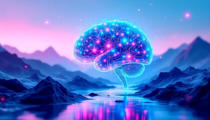 Artificial intelligence brain structure glowing with vibrant circuits over a surreal reflective landscape at dusk.