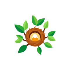 Nest with egg and green leaves simple illustration on transparent background
