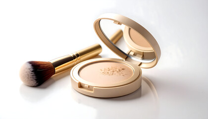 Luxurious compact powder with mirror and professional makeup brush, arranged on an isolated transparent background.