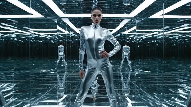 Futuristic Fashion Model in Silver Jumpsuit Struts Through a Mirrored Room.