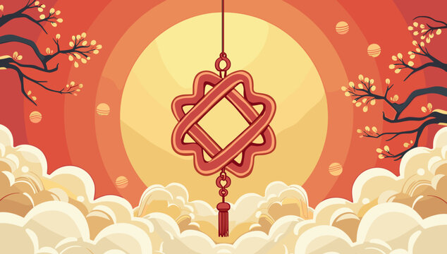Red lucky knot lantern floating among stylized clouds and glowing sun in lunar new year scene
