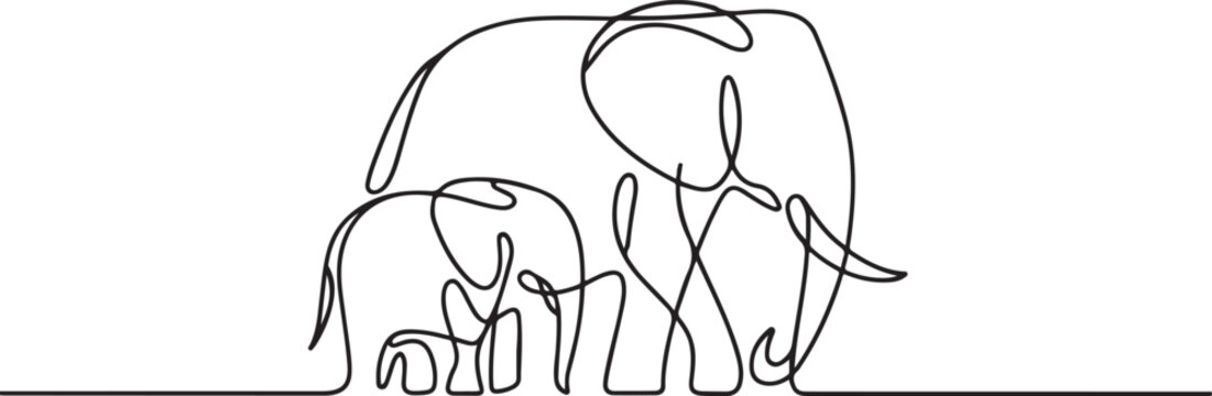continuous line drawing of elephants wildlife vector illustration. one line Icon drawing