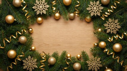 Golden Christmas decorations and evergreen branches frame a light wooden background