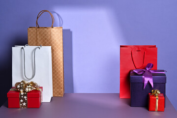Arrangement of decorated boxes and bags