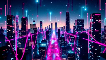 Futuristic city skyline with vibrant neon lights and data streams for technology and innovation visuals