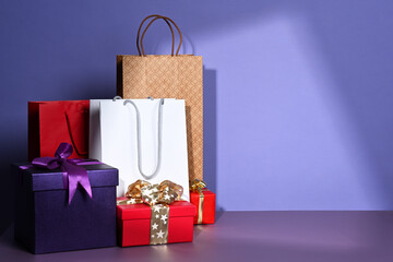 Arrangement of decorated boxes and bags