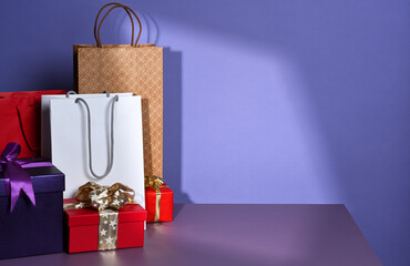 Arrangement of decorated boxes and bags