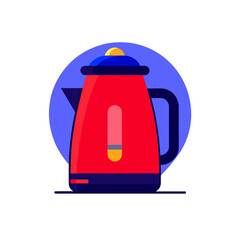 Red electric kettle with blue accents and background on transparent background