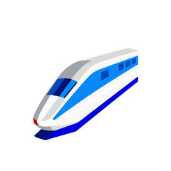 Illustration of a blue and white passenger train on transparent background