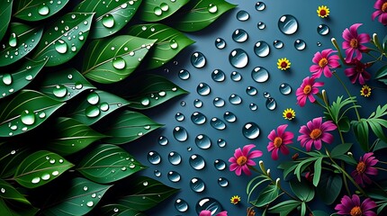 Vibrant green leaves and pink flowers adorned with sparkling water droplets on a deep blue background