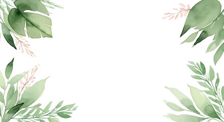 Watercolor green leaves and delicate pink branches border on a clean white background, ideal for botanical designs