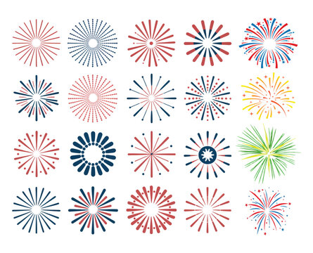 fireworks bursts icons in multiple symmetrical styles on white, suitable for holiday and festive designs, including 4th of july, new year, celebration banners, party invitations, event posters, and ve - Powered by Adobe
