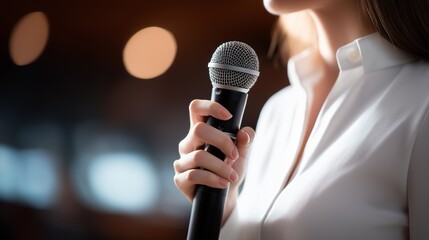 Photorealistic crop of female speaker in white dress shirt gripping microphone, blurred background with copy space