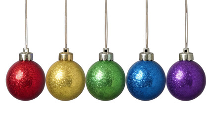 Christmas ornaments arranged in a horizontal line, each ornament is spherical and has a glossy finish, reflecting light to create a shiny appearance.
