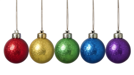 Christmas ornaments arranged in a horizontal line, each ornament is spherical and has a glossy finish, reflecting light to create a shiny appearance.