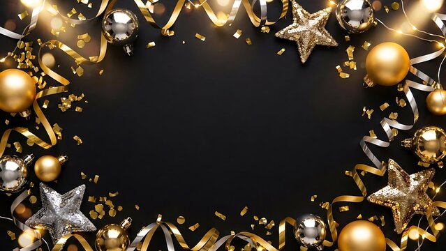 Elegant golden and silver holiday decorations with shimmering confetti on a dark black background.