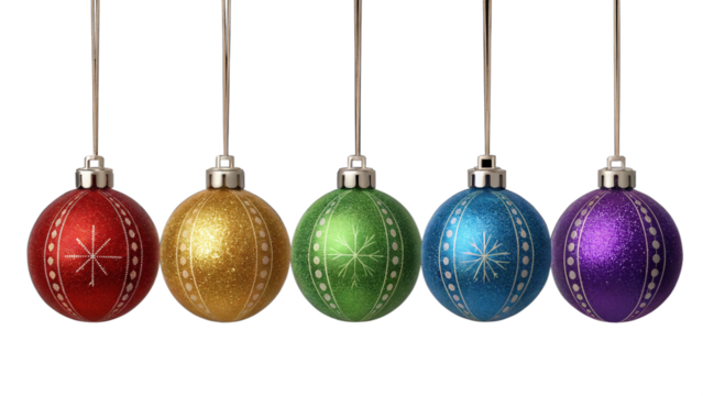Christmas ornaments arranged in a horizontal line, each ornament is spherical and has a glossy finish, reflecting light to create shiny appearance.