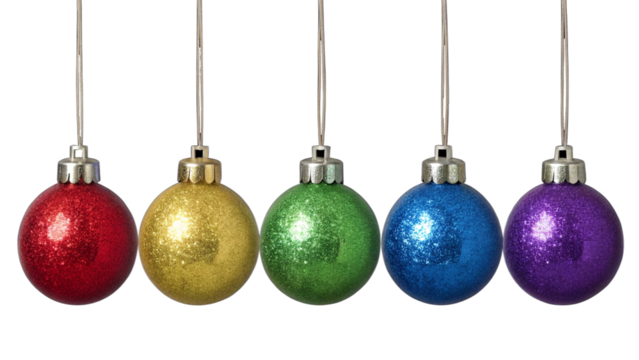 Christmas ornaments arranged in a horizontal line, each ornament is spherical and has a glossy finish, reflecting light to create a shiny appearance.