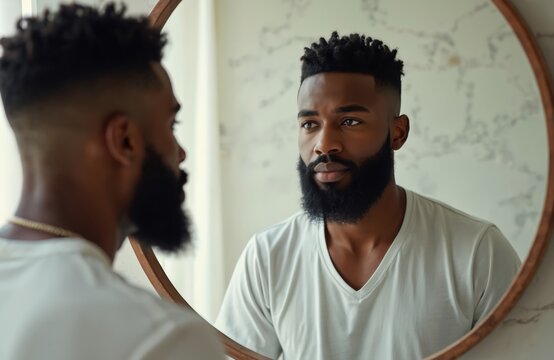 Black man with styled beard looks into bathroom mirror. He checks his fresh haircut and beard in morning light. Guy practices self care and grooming for daily routine.