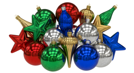 A festive collection of sparkling Christmas ornaments in vibrant colors and assorted shapes, ready for holiday decorating.