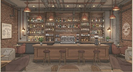 Rustic Industrial Bar Interior with Extensive Bottle Collection and Espresso Machine.