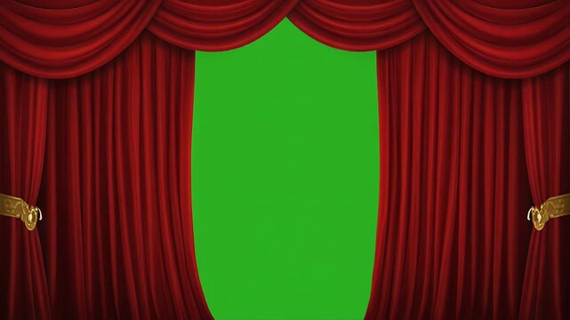 A stage curtain opens to reveal a green screen backdrop.