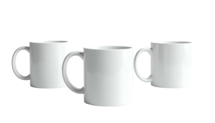 Three plain white ceramic coffee mugs, isolated on a black background, with handles