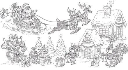 Obraz premium Santa Claus Sleigh Ride with Reindeer and Forest Animals in a Winter Wonderland.
